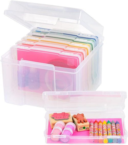 IRIS USA Photo Organizer - 5" x 7" Storage Box with Handle & 6 Inner Cases for Stickers & Flashcards - Clear