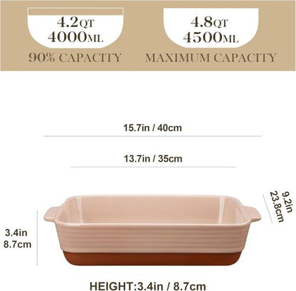 MALACASA 4.8 Qt Ceramic Baking Dish - Deep Rectangular Casserole with Handles | 9 x 13 Inch, Khaki & Pink