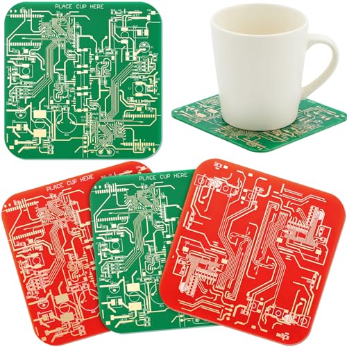 Christmas Circuit Board Coasters Set - Red & Green, 4-Pack - Tech Enthusiast Gift