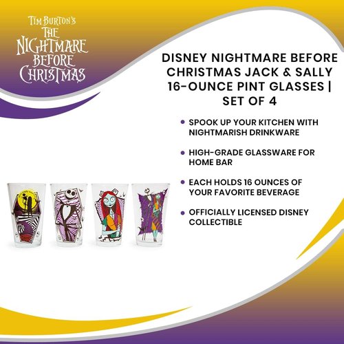 Disney The Nightmare Before Christmas Jack & Sally 16-Ounce Pint Glasses, Set of 4 | Traditional Beer Mug Glassware For Liquor, Beverages, Pub Drinks | Home Barware Decor, Kitchen Essentials