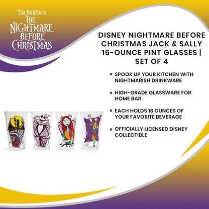 Disney The Nightmare Before Christmas Jack & Sally 16-Ounce Pint Glasses, Set of 4 | Traditional Beer Mug Glassware For Liquor, Beverages, Pub Drinks | Home Barware Decor, Kitchen Essentials