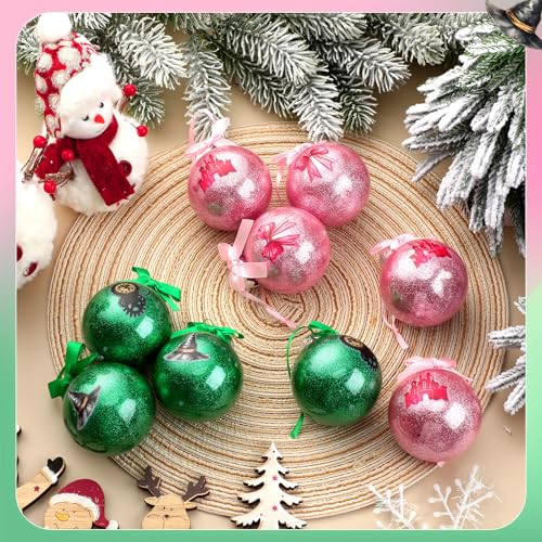 12Pcs Witch Christmas Ornament Set - Pink and Green Holiday Tree Decorations