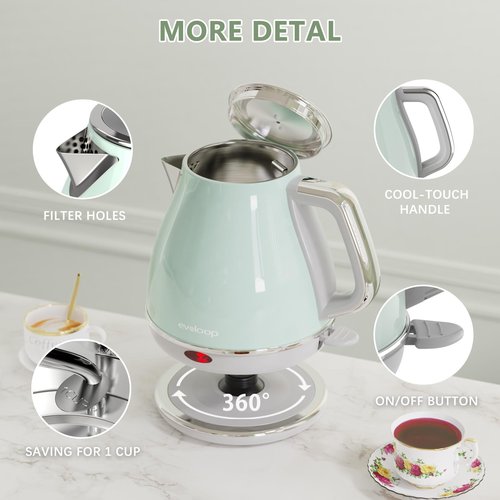 Evoloop Electric Tea Kettle, 1500W /1.0L Hot Water Boiler Heater Pot, Retro Small Electric Kettle, 100% Stainless Steel BPA Free Electric Teapot, Auto Shut-Off & Boil-Dry Protection