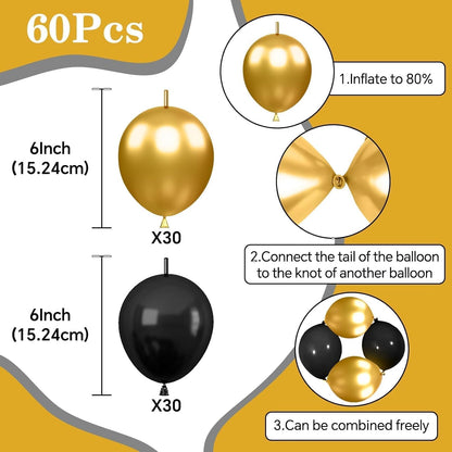 Skiennix Black & Gold Link Balloons - 60Pcs 6-Inch Metallic Latex for Parties & Celebrations