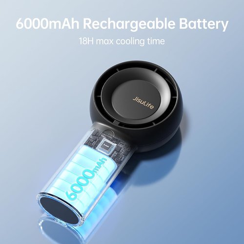 JISULIFE Portable Handheld Turbo Fan - 6000mAh USB Rechargeable with 18H Cooling Time | 5 Speed Compact Black Fan for Travel & Outdoor Use