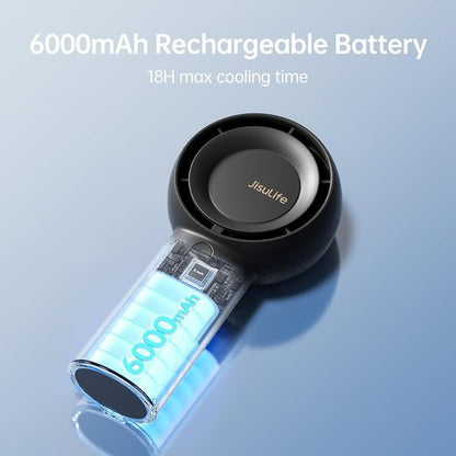 JISULIFE Portable Handheld Turbo Fan - 6000mAh USB Rechargeable with 18H Cooling Time | 5 Speed Compact Black Fan for Travel & Outdoor Use