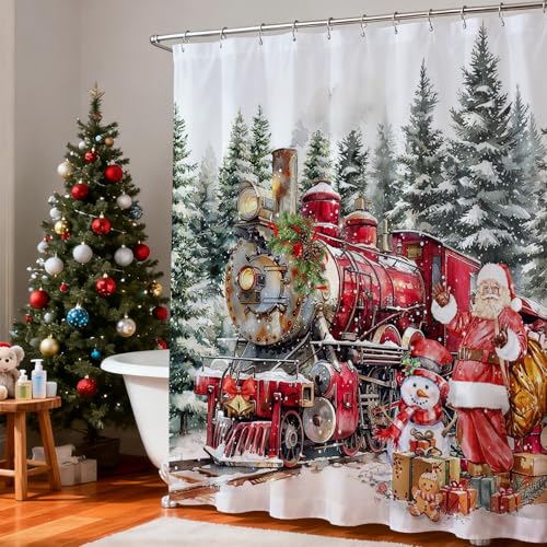 Christmas Shower Curtain Santa Train Snowman Winter Bath Decor 72x72 Inch - White Variation