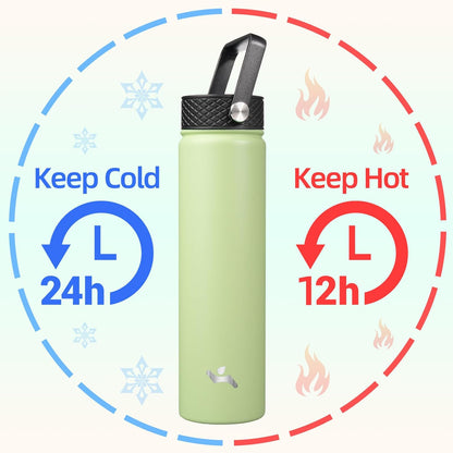 Skiennix Insulated Water Bottle - 24oz Stainless Steel Sport Bottle with 3 Lids | Macaron Green