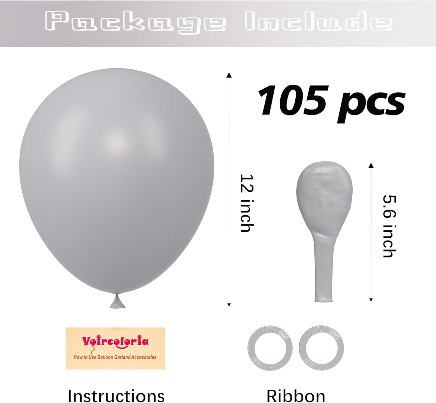 Voircoloria 105pcs Light Gray Balloons - 12 Inch Latex Party Balloons for Birthdays & Weddings