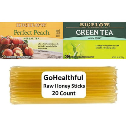 Bigelow Medicine Ball Cold Buster Tea Bundle, 20 Sachets Each (40 Total) of Bigelow Green Tea Mint and Perfect Peach Bundle with 20 GoHealthful Pure Raw Organic Clover Honey Sticks