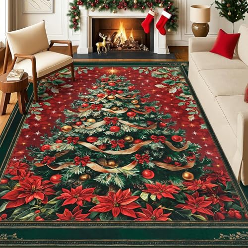 Christmas 5x7 Area Rug - Red Washable Non-Slip Vintage Floor Carpet for Living Room & Kid Room
