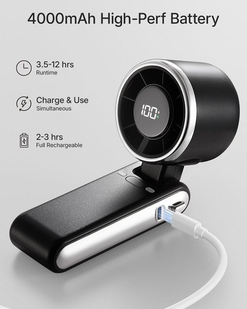Bearwind Portable Handheld Turbo Fan - 5 Gear High Speed 4000mAh Rechargeable Mini Personal Hand Fan Blow Cold Air, Battery Operated Travel Essentials, Beach Vacation, Gifts for Women, Men (Black)