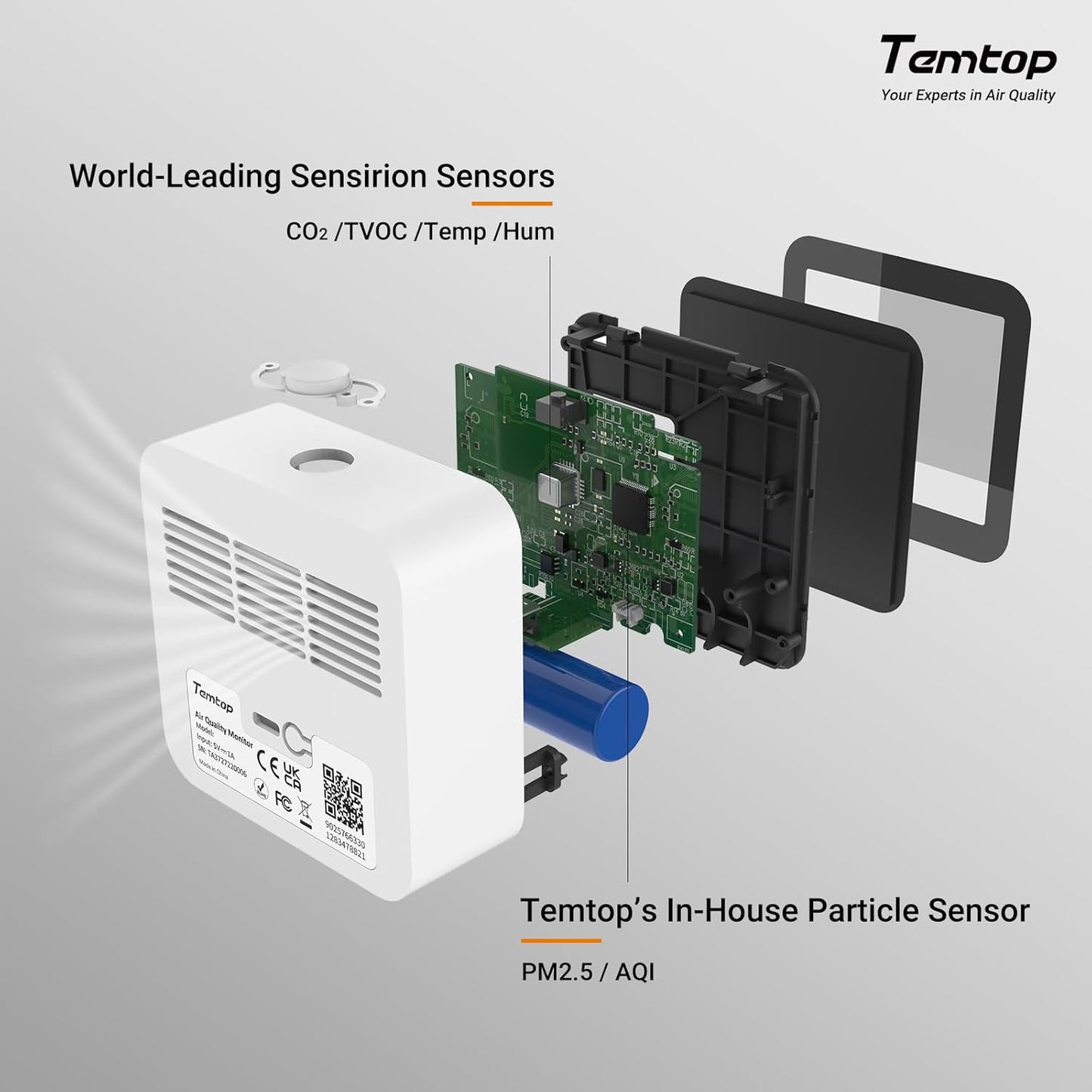 Temtop M10+ Indoor Air Quality Monitor - 6-in-1 PM2.5 & VOC Detector with E-Ink Display | Battery Powered, App-Enabled Temperature & Humidity Sensor