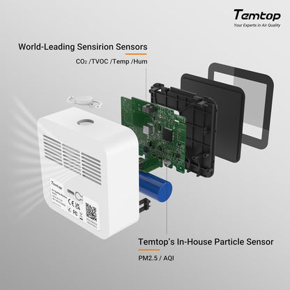 Temtop M10+ Indoor Air Quality Monitor - 6-in-1 PM2.5 & VOC Detector with E-Ink Display | Battery Powered, App-Enabled Temperature & Humidity Sensor