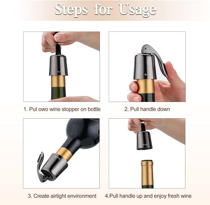 OWO Stainless Steel Wine Bottle Stopper, Reusable Wine Saver with Silicone Seal, Decorative Bottle Sealer, Keeps Fresh (Metal Black, 2 Pack)