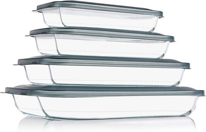KOMUEE Glass Baking Dish Set - 8 Pieces with Lids for Lasagna & Leftovers | Rectangular Bakeware in Gray