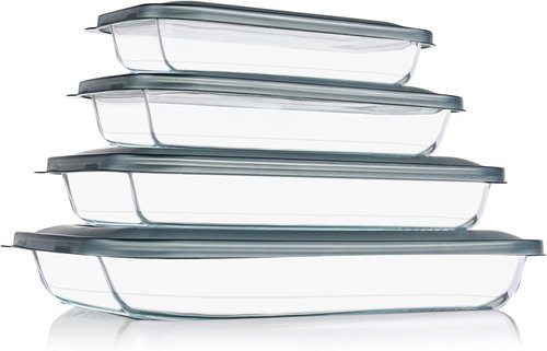 KOMUEE Glass Baking Dish Set - 8 Pieces with Lids for Lasagna & Leftovers | Rectangular Bakeware in Gray