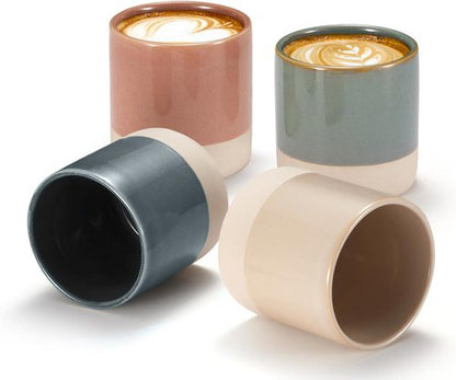 KooK Latte Cups - Artisanal Ceramic Stoneware | No Handle, Microwave & Dishwasher Safe, Multicolor, 10.5 oz Set of 4
