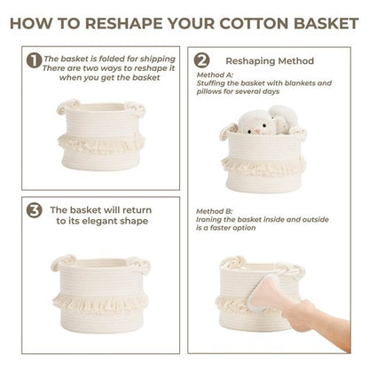 CherryNow Small Woven Storage Baskets, 9.5'' x 7'' inches Cotton Rope Decorative Hamper for Diaper, Blankets, Magazine and Keys, Cute Tassel Nursery Decor - Home Storage Container, Off-white