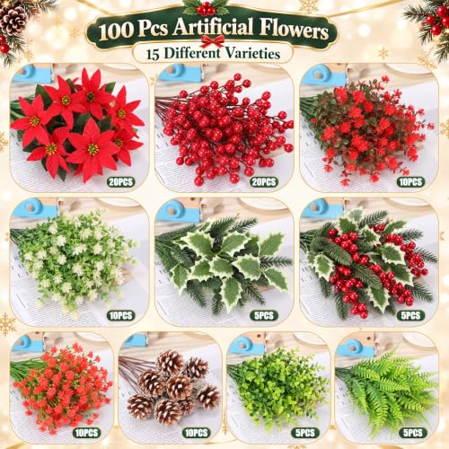 Christmas Artificial Flowers Bundle - Red & Green Poinsettia Berry Greenery - 100 Stems