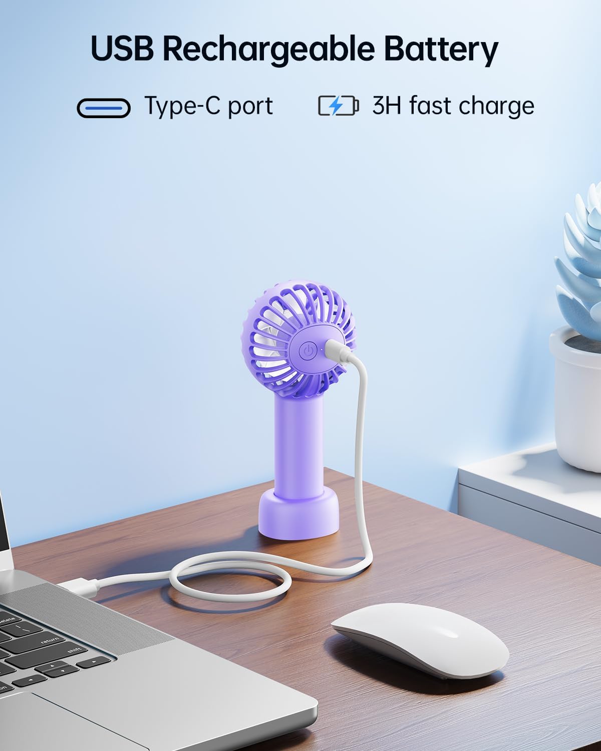 Sweetfull Mini Portable Fan - Rechargeable Handheld Fan with 3 Speeds | Cute Purple Design for Travel & Makeup