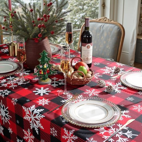 SASTYBALE Christmas Tablecloth 60x102 Inches Red Plaid Snowflake Design - Black & Red Variant