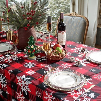 Christmas Tablecloth Rectangle 60 x 84 inches - Red Plaid Snowflake Pattern, Snowflake Black & Red Variation
