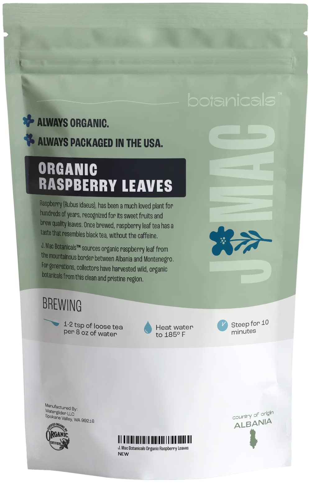 J MAC BOTANICALS, Organic Red Raspberry Leaf, Herbal tea (16 ounce bag 200+ cups) cut & sifted dried leaf