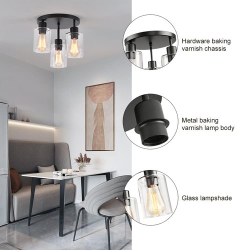 IHENGYANLT 3-Light Industrial Farmhouse Black Matte Light Fixtures Ceiling Mount, with Clear Glass Shades Semi Flush Mount Ceiling Light, for Hallway Fixtures Kitchen, Foyer