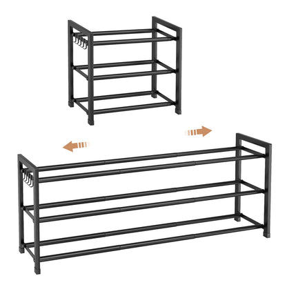 VGOBLO Expandable Shoe Rack - 18.5''- 47'' Adjustable Shoe Rack for Closet, 3 Tier Long Shoe Shelf Storage for 18 Pairs Shoe and Boot, Sturdy Metal Shoe Organizer for Entryway, Garage, Black
