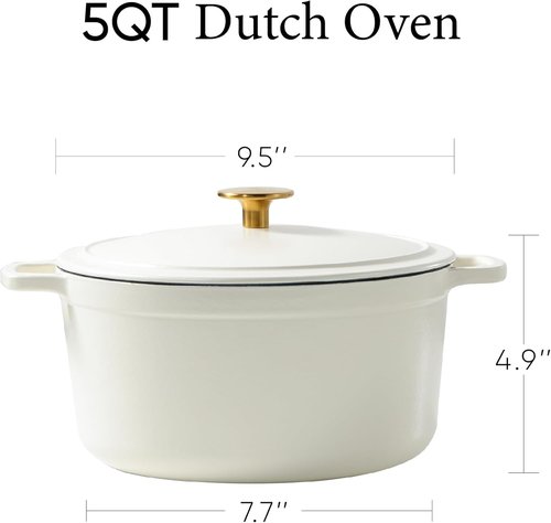 CAROTE 5QT Enameled Cast Iron Dutch Oven - Heavy-Duty Pot for Sourdough Baking & Stews | Cream White, Oven Safe to 500°F