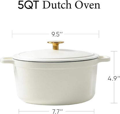 CAROTE 5QT Enameled Cast Iron Dutch Oven - Heavy-Duty Pot for Sourdough Baking & Stews | Cream White, Oven Safe to 500°F