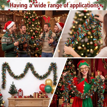 Christmas Tinsel Garland Set - 3 Pack, 59 ft Each, Red Blue Yellow Green - Holiday Decor
