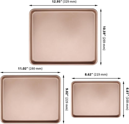 ZOENHOU Nonstick Baking Sheet Pan Set - 3 Sizes (9, 11, 13 Inch) | Rose Gold Cookie & Cake Trays