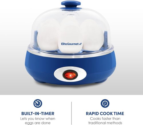 Elite Gourmet Easy Egg Cooker - Electric 7-Egg Capacity with Auto Shut-Off & Measuring Cup - Classic Blue