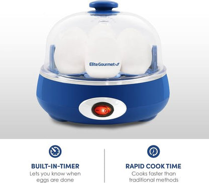 Elite Gourmet Easy Egg Cooker - Electric 7-Egg Capacity with Auto Shut-Off & Measuring Cup - Classic Blue