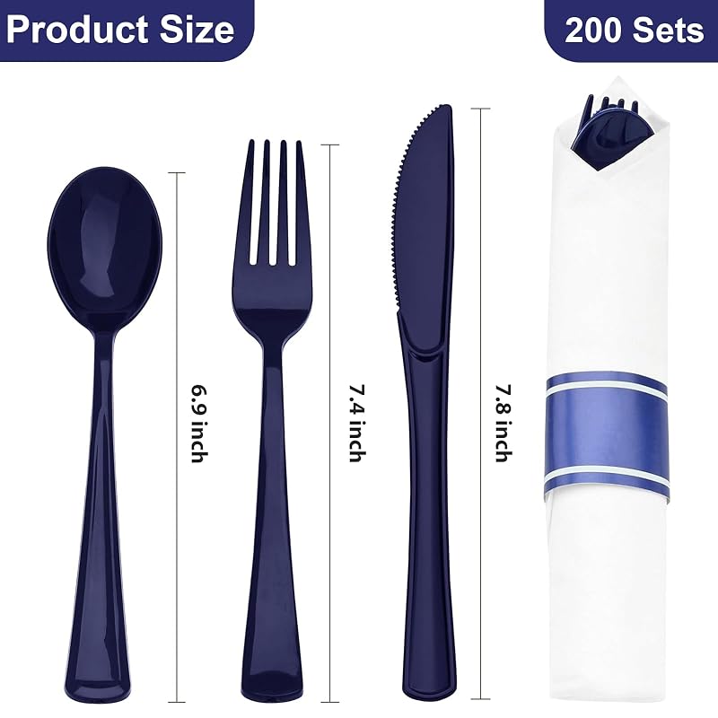 200 Pc Blue Pre-Rolled Plastic Cutlery Set - 200 Forks, Knives, Spoons + Napkins (Variation: 200PC+Blue)