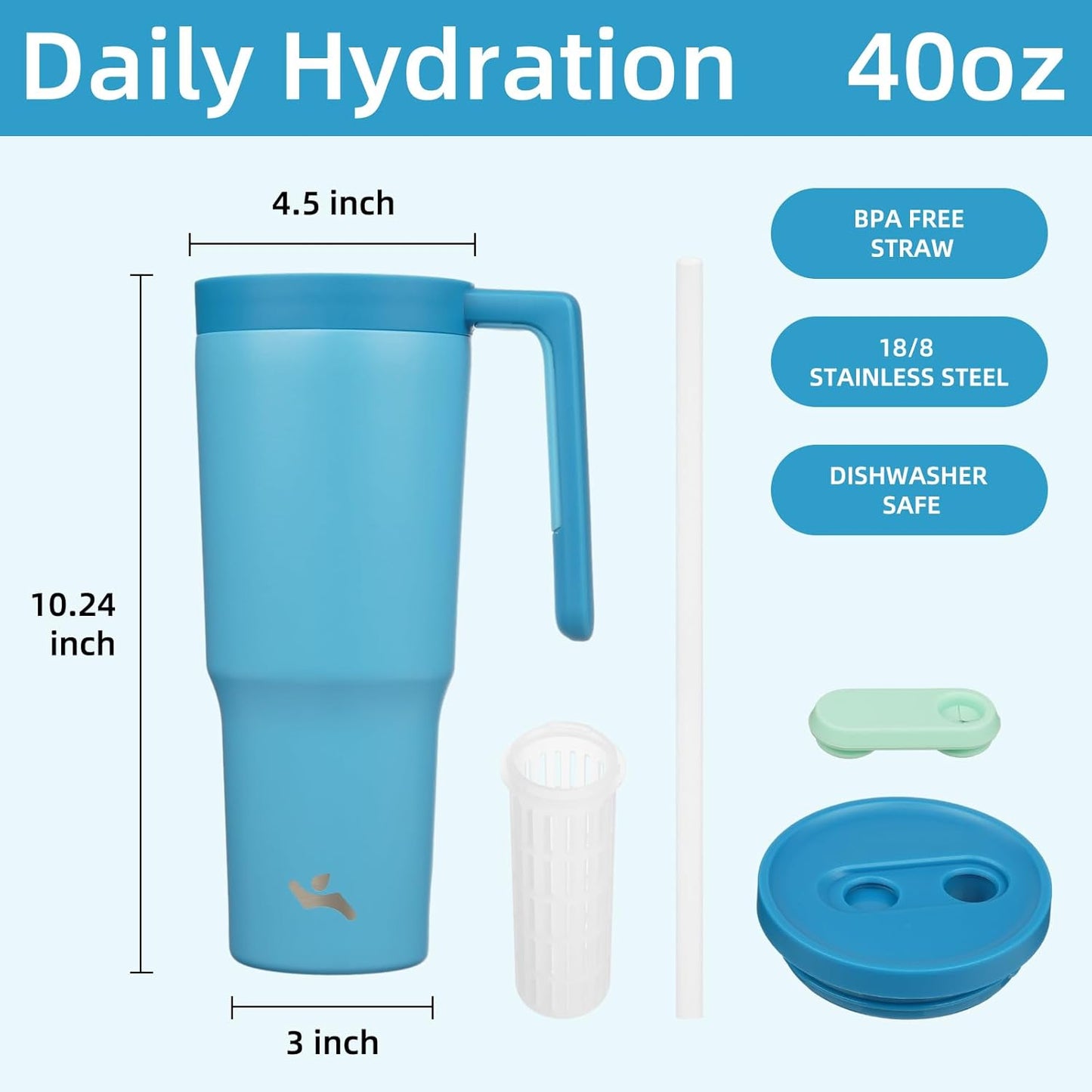 Skiennix Insulated Tumbler - 40 OZ Vacuum Stainless Steel Travel Mug with Handle & Straw - Dark Blue