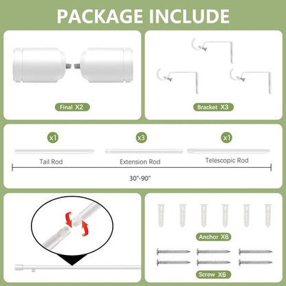 5/8” White Diameter Curtain Rods 30-90 Inch, for 30-84 Inch Windows, Adjustable Splicing White Curtain Rods for Windows with Brackets, Window Rod Long Small Curtains Rod