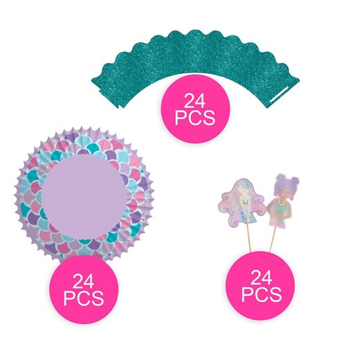 Shimmering Mermaids Cupcake Kit (2") - Pack of 24 - Enchanting Ocean-Themed Cupcake Toppers & Wrappers - Perfect for Magical Under-the-Sea Parties