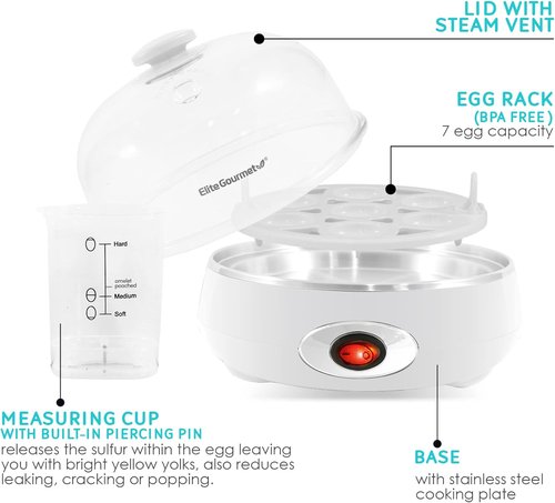 Elite Gourmet Easy Egg Cooker - Electric 7-Egg Capacity with Auto Shut-Off | BPA Free, Classic White