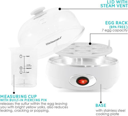 Elite Gourmet Easy Egg Cooker - Electric 7-Egg Capacity with Auto Shut-Off | BPA Free, Classic White