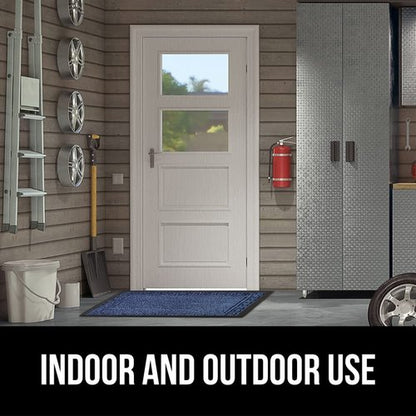GORILLA GRIP 100% Waterproof All-Season WeatherMAX Doormat, 60x24, US Designed Natural Rubber, Stain and Fade Resistant, Low Profile Indoor Outdoor Door Mats, Easy Clean Patio Mat, Navy Greek Keys