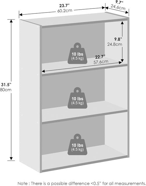 Furinno 3-Tier Bookshelf - Simple Storage Solution for Living Room, Bedroom & Home Office | Plain White, 9.7 x 23.7 x 31.5