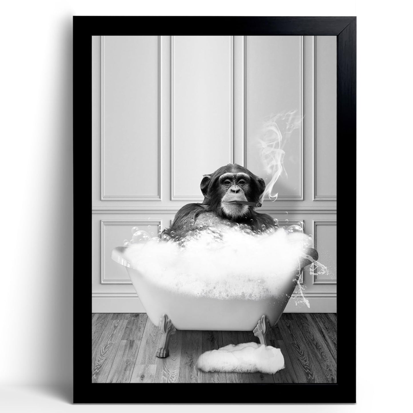 Monkey in Tub - Black and White Animals Wall Art - Framed Canvas Wall Art, Black Framed Picture for Bathroom Wall Decor, Chic Animal Art for Kid Room Wall