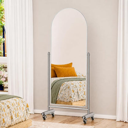 Arched Full Length Mirror with Wheels 65" x 24" - Tilting Stainless Steel Framed Full Body Mirror (Silver)