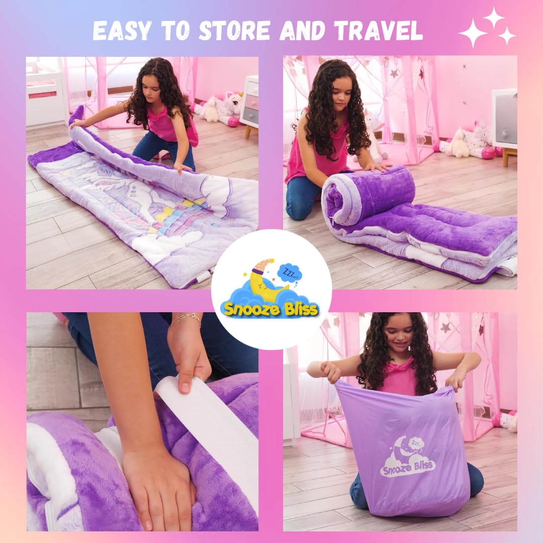 Unicorn Sleeping Bag for Kids – Glow in The Dark Kids Sleeping Bags Make Fun Unicorn Gifts for Girls. Perfect for Sleepovers, Camping, Plush Nap Mat for Preschool, with Pillow Pocket, 8+ Hour Glow