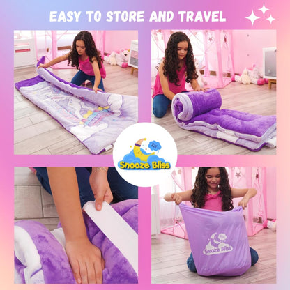 Unicorn Sleeping Bag for Kids – Glow in The Dark Kids Sleeping Bags Make Fun Unicorn Gifts for Girls. Perfect for Sleepovers, Camping, Plush Nap Mat for Preschool, with Pillow Pocket, 8+ Hour Glow