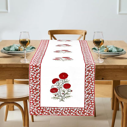 Red and Green Buta Hand Block Print 100% Cotton Table Runner 16x90 Inches - Ridhi