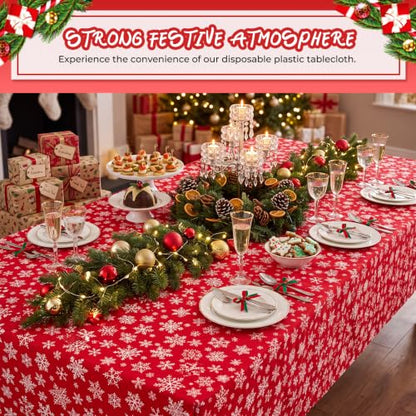 Christmas Disposable Plastic Tablecloth Roll 54 Inch x 300 Feet with Snowflake Pattern - Red